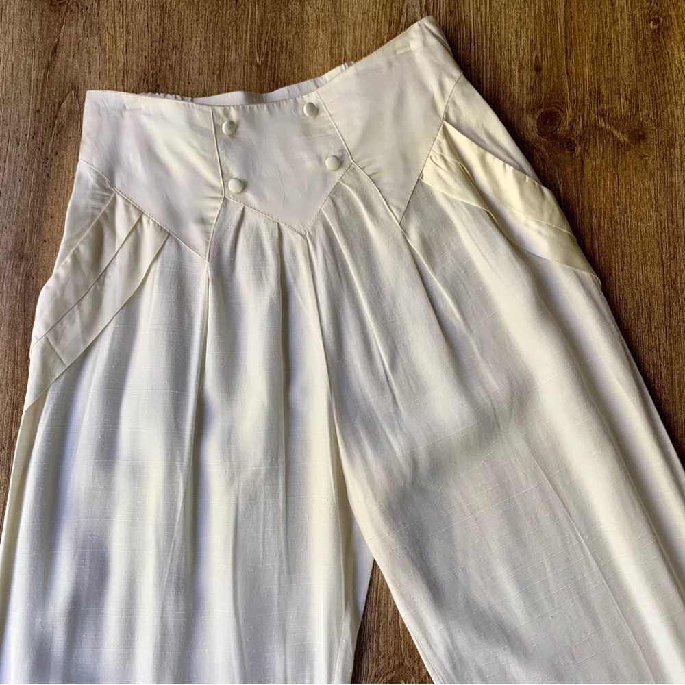 Vintage 80s High-Waist Wide-Leg Cream Raw Silk Pants